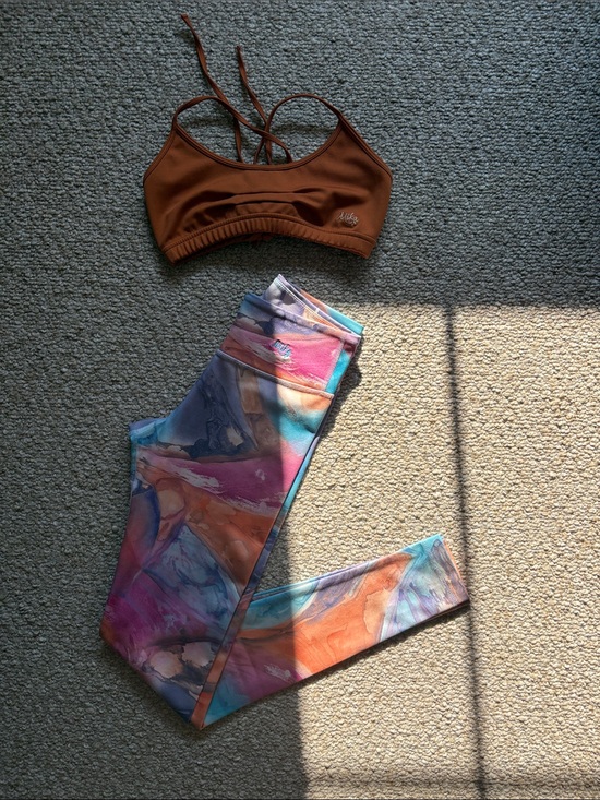 Mika Yoga Wear Pants - Mika Yoga Wear Brown Strappy Sports Bra with Multicolor Marble Leggings